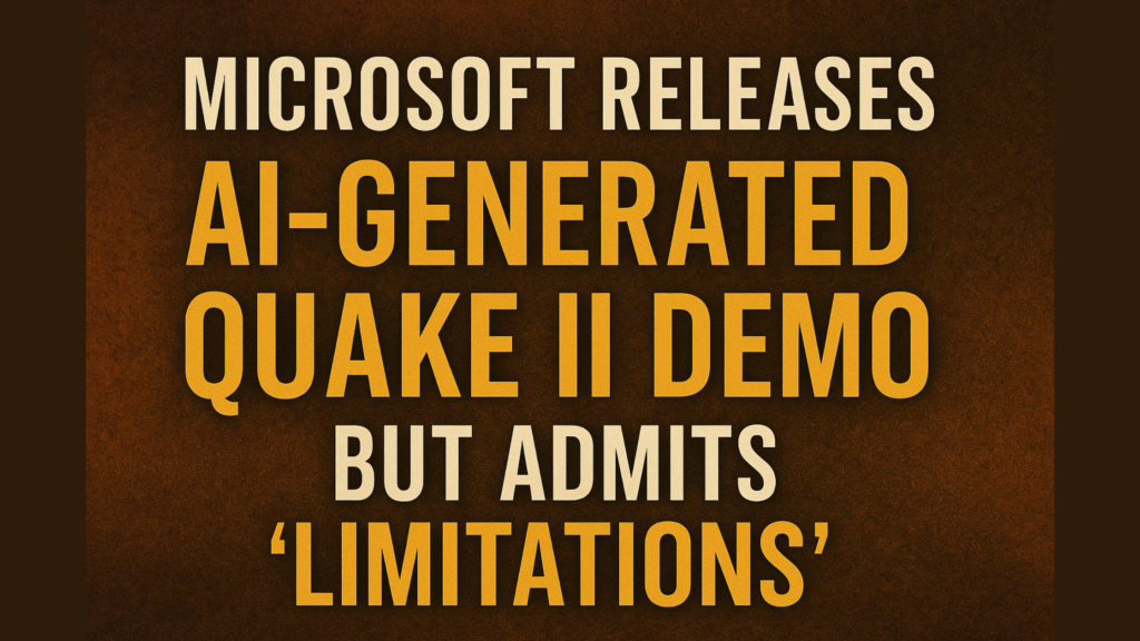 Microsoft releases AI-generated Quake II demo banner with bold text on a grunge-style background.