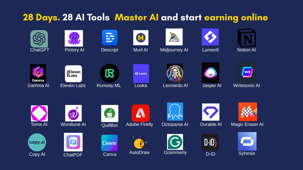 28 Days. 28 AI Tools. Master AI and start earning online, without needing a second job!