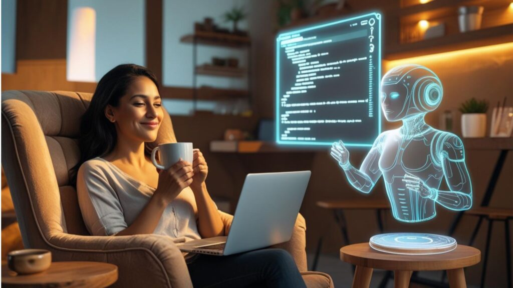 A digital illustration showing a human blogger writing beside a friendly AI robot, with a laptop displaying the word 'AI' on the screen.