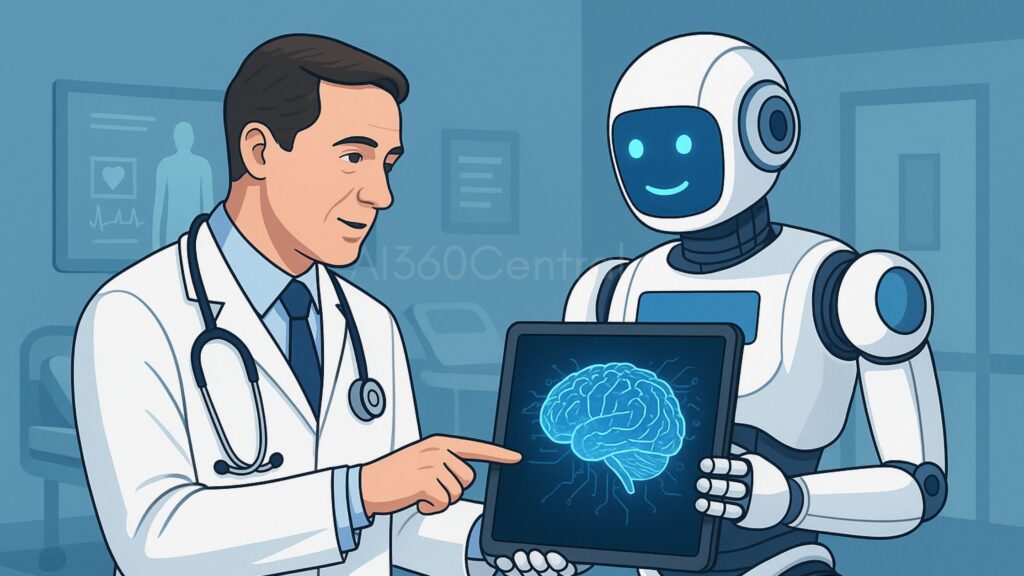 A digital illustration of a human doctor and an AI robot collaborating in a modern hospital. The robot holds a tablet displaying a glowing brain scan, while the doctor points at the screen.
