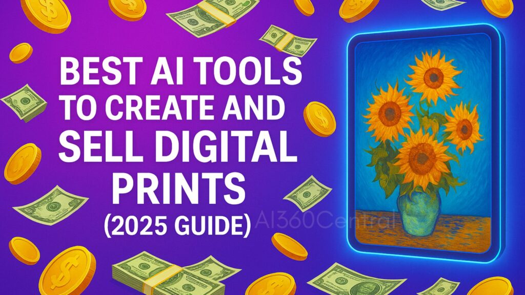 Banner image featuring bold text: Best AI Tools to Create and Sell Digital Prints (2025 Guide), with floating coins, dollar bills, and a framed digital sunflower artwork on a purple gradient background.