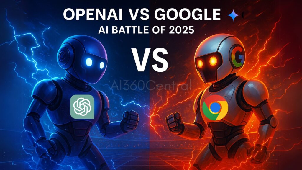 "OpenAI and Google AI robots facing off in a futuristic arena with lightning and a bold VS in the center.