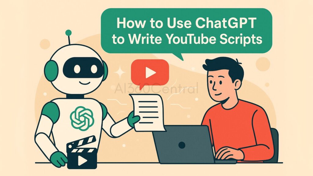 ChatGPT robot handing a YouTube script to a content creator sitting at a laptop, with the YouTube logo and a speech bubble saying 'How to Use ChatGPT to Write YouTube Scripts' above them