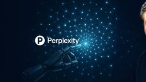 A robotic hand reaching into a digital network of knowledge, illustrating Perplexity AI’s data-driven search connections.