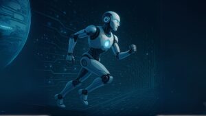 A futuristic AI robot running in a digital space, symbolizing Perplexity AI’s fast, intelligent search