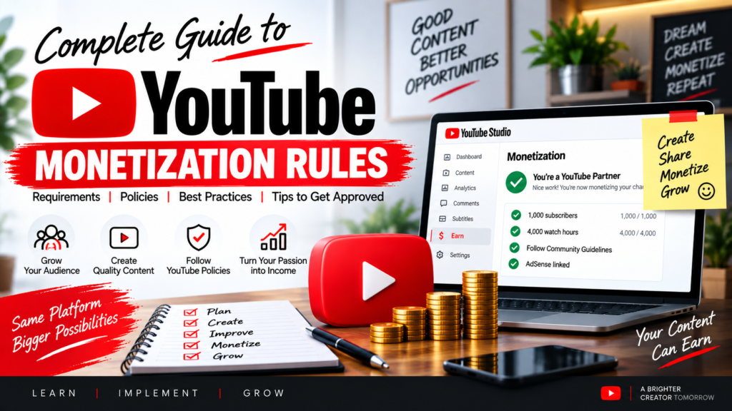 YouTube monetization rules and requirements guide showing YouTube Studio, subscribers, watch hours, and monetization approval