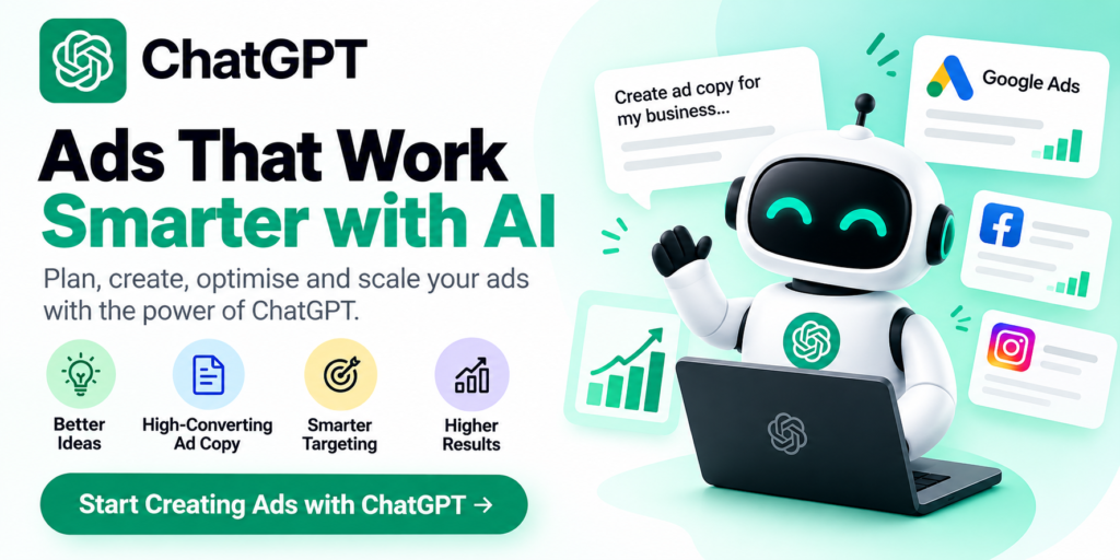 ChatGPT AI advertising banner showing an AI robot creating and optimizing Google, Facebook, and Instagram ads with analytics and growth charts.